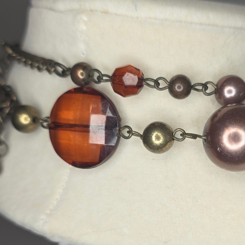 Long Unbranded Blown Glass Bead Necklace Sparkle Art Glass Brown Bronze Tone - Picture 6 of 11